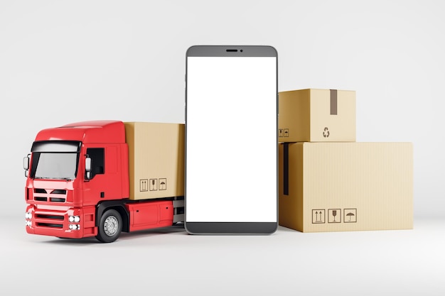 Abstract truck with cardboard box and empty black cellphone on white background Logistics storage retail technology and advertisement concept Mock up 3D Rendering