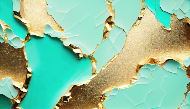 Abstract turquoise background with golden cracks, luxury modern green gold mixed background texture