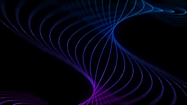 黒い背景に青い光を映した抽象的な曲がりくねった波 移動する線と点の科学背景 ネットワーク接続技術 粒子のデジタル構造 3Dレンダリング