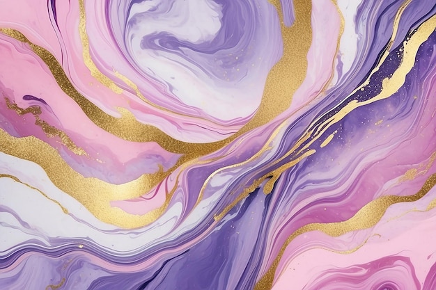 Фото Абстрактный двухцветный розовый и лавандовый жидкий мраморный фон с золотыми полосами и блестящей пылью пастель-розовый фиолетовый акварельный эффект рисования