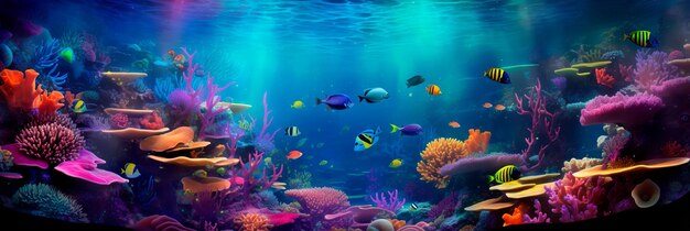 abstract underwater world with dynamic patterns resembling coral reefs and marine life bathed in vibrant iridescent colors Generative AI