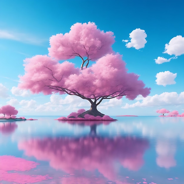 Abstract unique background Fantasy landscape of pink island surrounded by calm water