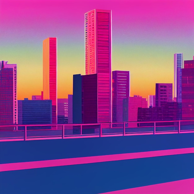 Abstract van stadsgezicht in retrowave stad pop stijl moderne cyberpunk 3D-rendering