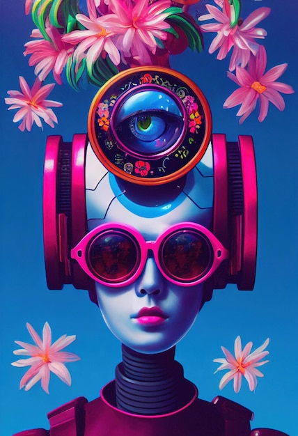 Abstract vaporwave retro illustration of cute blue robot lady with pink flowers on her head and pink glasses and bright lips Blue background Digital art 3D illustration