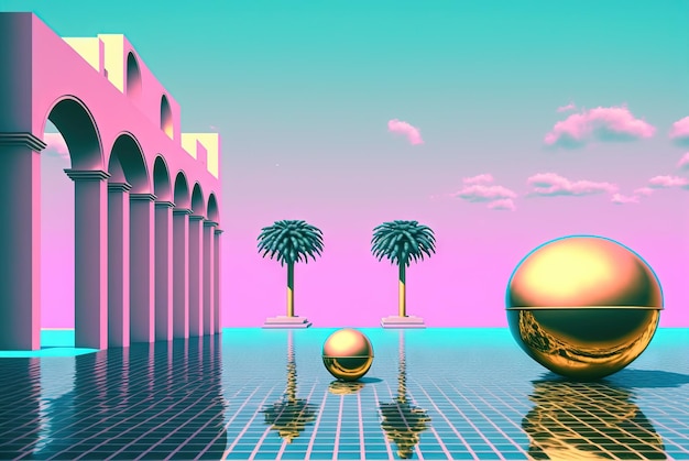 Abstract vaporwave scène met gouden bal op het landschap met gebouwen 80s stijl roze en blauwe surrealistische architectonische compositie gegenereerd AI