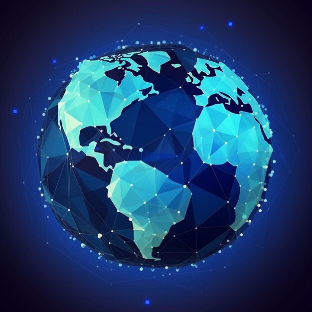 Abstract vector polygonal planet earth on dark blue background Global network connection concept