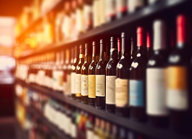 Foto abstract vervagen wijnflessen op alcoholische drank planken in de supermarkt winkel achtergrond generatieve ai
