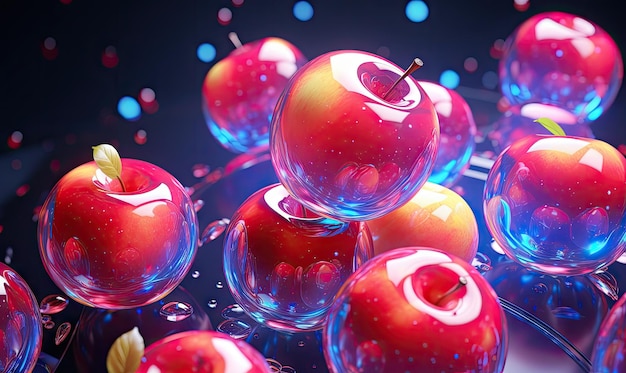 Abstract vibrant red apples with a glossy sheen are displayed against a striking black background with some showcasing intriguing small bubbles on their surfaces AI Generative