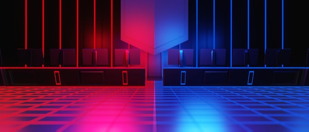 Abstract video game of scifi gaming red blue vs esports backgound vr virtual reality simulation and metaverse scene stand pedestal stage 3d illustration rendering futuristic neon glow room