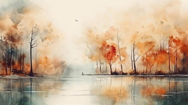 アクアカラーで描かれた秋の森の抽象的な景色 ジェネレーティブAI