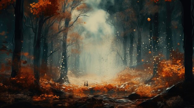 Abstract view of an autumn forest depicted with watercolors Generative AI