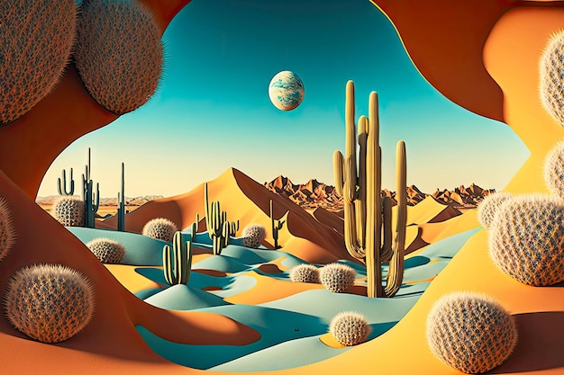 Foto vista astratta sul paesaggio desertico con cactus e dune di sabbia contro il cielo generativo ai