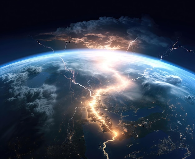 Abstract view of the planet Earth in outer space with lightning strikes at it