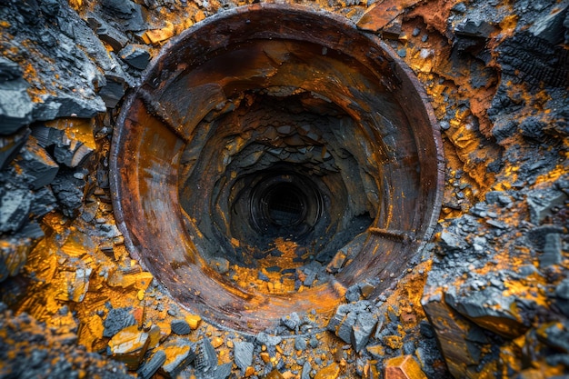 Abstract View of Rusty Metal Tunnel in Orange LichenCovered Rocks Textured Industrial Background