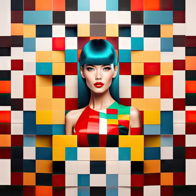 Abstract vintage model with checkerboard background Abstract colorful portrait