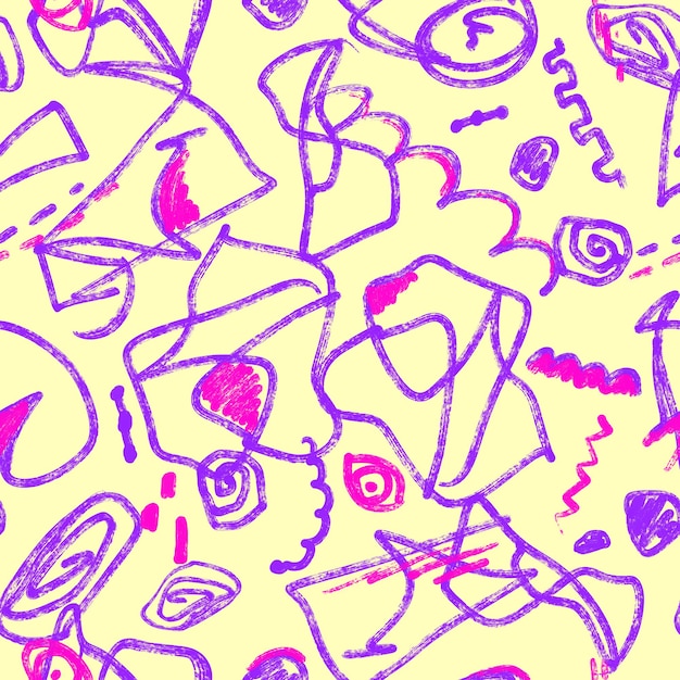 黄色の背景のシームレスなパターンに抽象的な紫ピンクの落書きテクスチャラインは印刷を繰り返します