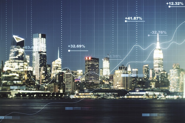 Abstract virtual analytics data spreadsheet on New York cityscape background analytics and analysis concept Multiexposure