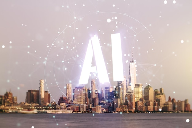 Abstract virtual artificial Intelligence symbol hologram on New York city skyline background Multiexposure