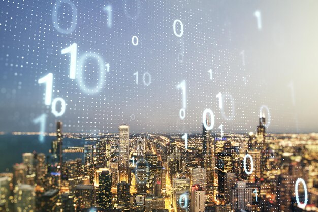 Abstract virtual binary code sketch on Chicago office buildings background hacking and matrix concept Multiexposure