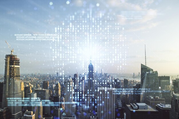 Abstract virtual code skull illustration on new york city\
skyline background hacking and phishing concept multiexposure