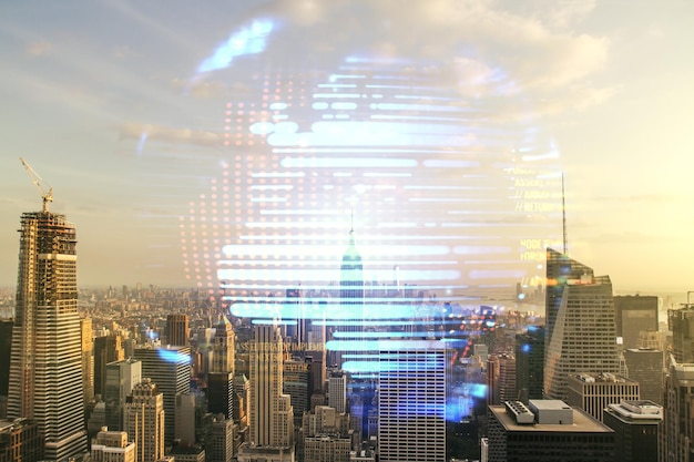 Abstract virtual coding concept and world map hologram on New York city skyline background Multiexposure