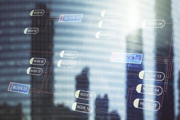 Abstract virtual coding illustration on modern architecture background software development concept Multiexposure