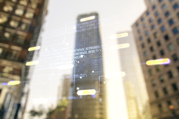 현대 아키텍처 배경 소프트웨어 개발 개념에 대한 추상적인 가상 코딩 일러스트 Multiexposure