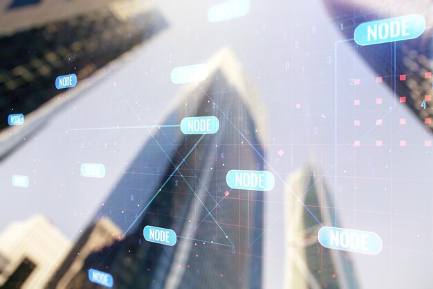 abstract virtual coding illustration on modern architecture background software development concept multiexposure