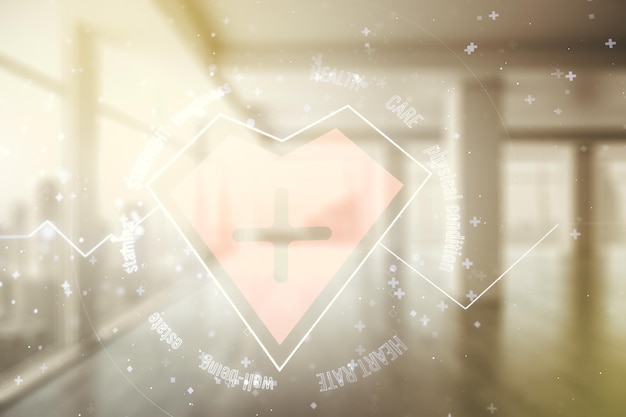 Абстрактная виртуальная концепция иллюстрации пульса сердца на фоне пустого корпоративного офиса Концепция медицины и здравоохранения Мультиэкспозиция