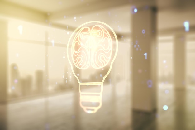 Абстрактная виртуальная творческая лампочка с голограммой человеческого мозга на фоне пустого класса Концепция искусственного интеллекта и нейронных сетей Мультиэкспозиция