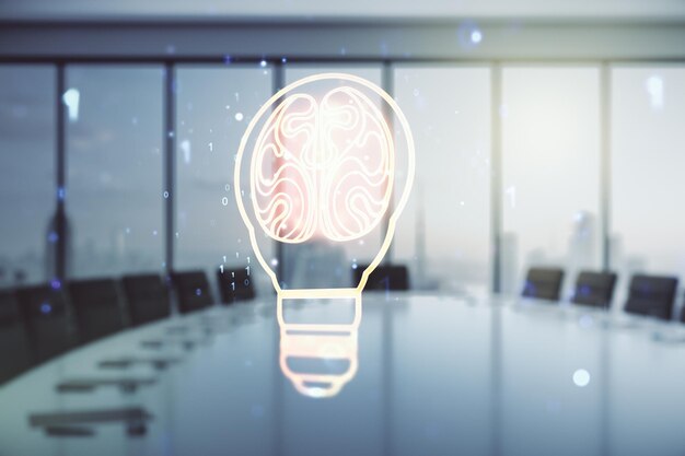 Abstract virtual creative light bulb with human brain hologram on a modern boardroom background artificial Intelligence and neural networks concept Multiexposure