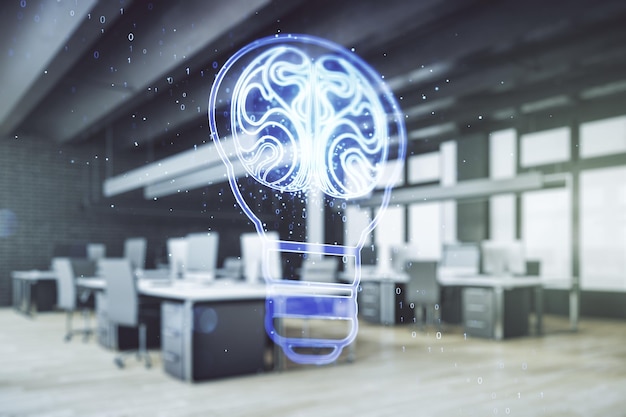 Abstract virtual creative light bulb with human brain hologram on a modern furnished office interior background artificial Intelligence and neural networks concept Multiexposure