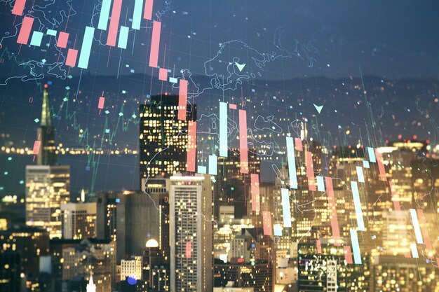 Abstract virtual crisis chart illustration on San Francisco skyline background Global crisis and bankruptcy concept Multiexposure