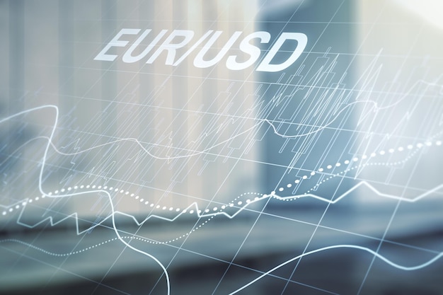 Abstract virtual EURO USD financial chart illustration on blurry modern office building background Trading and currency concept Multiexposure