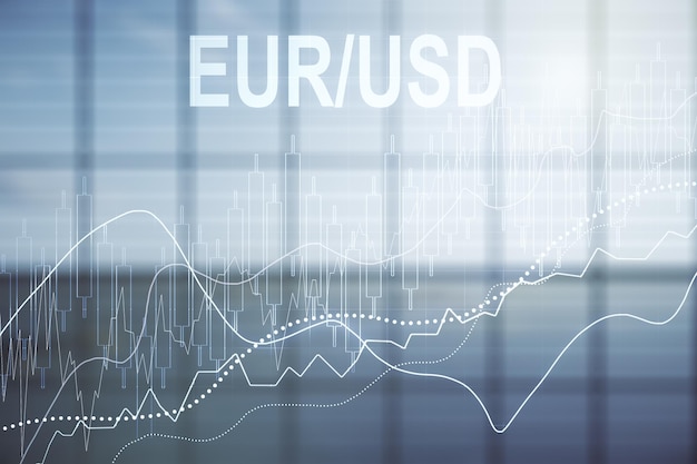 Abstract virtual EURO USD financial chart illustration on empty corporate office background Trading and currency concept Multiexposure