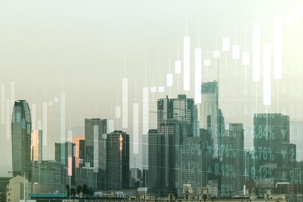 Abstract virtual financial graph hologram on Los Angeles cityscape background financial and trading concept Multiexposure