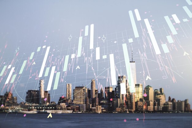 Foto ologramma grafico finanziario virtuale astratto sullo sfondo del paesaggio urbano di new york concetto finanziario e commerciale multiexposure