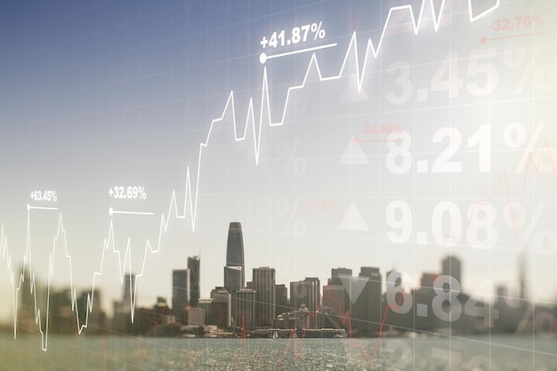 Абстрактная голограмма виртуального финансового графика на фоне линии горизонта Сан-Франциско forex и инвестиционная концепция Multiexposure