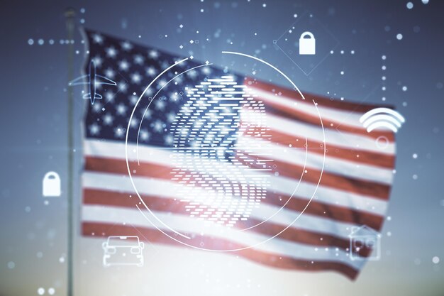 Abstract virtual fingerprint hologram on USA flag and sunset sky background Multiexposure