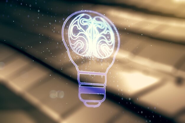 Photo abstract virtual idea concept with light bulb and human brain illustration on blurry abstract metal background neural networks and machine learning concept multiexposure