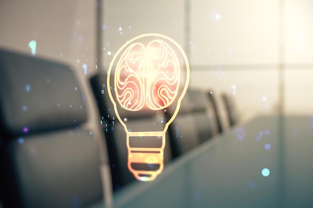 Abstract virtual idea concept with light bulb and human brain
illustration on a modern conference room background neural networks
and machine learning concept multiexposure