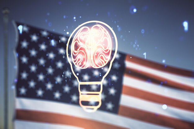 Photo abstract virtual idea concept with light bulb and human brain illustration on us flag and blue sky background neural networks and machine learning concept multiexposure