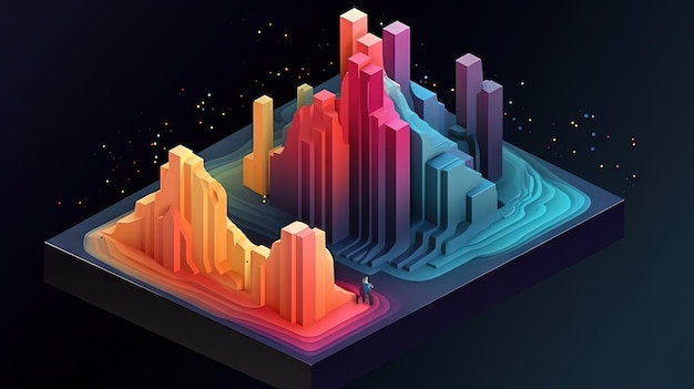 Abstract virtual isometric terrain with mountains Slice of topographic ground with peaks