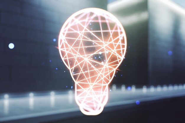 Photo abstract virtual light bulb hologram on contemporary business center exterior background idea concept multiexposure