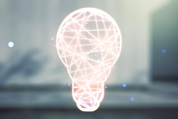 Abstract virtual light bulb illustration on blurry contemporary office building background future technology concept Multiexposure