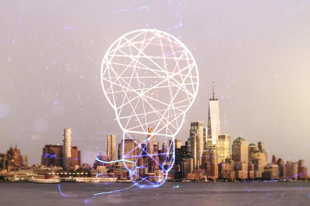 ニューヨークの街並みの背景に抽象的な仮想電球イラスト将来の技術コンセプト多重露出