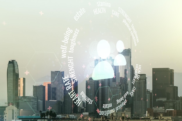 Abstract virtual people icons sketch on los angeles office\
buildings background life and real estate insurance online concept\
double exposure