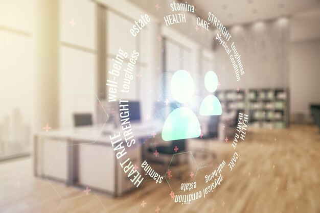 Foto le icone astratte delle persone virtuali disegnano su un moderno sfondo interno di un ufficio arredato concetto online di assicurazione sulla vita e immobiliare doppia esposizione