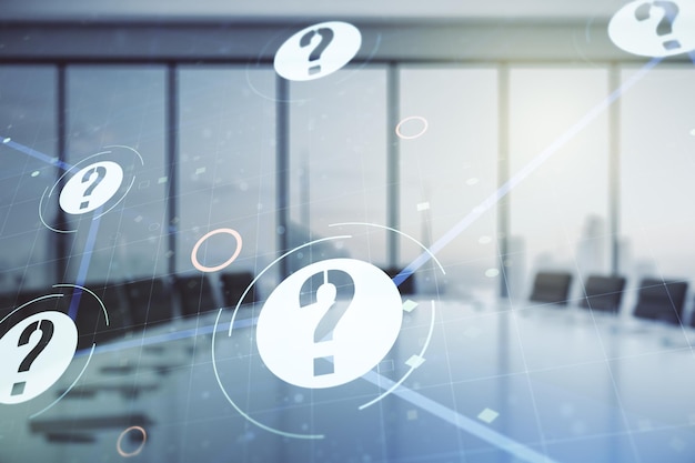 abstract virtual question mark hologram on a modern coworking room background future technology concept multi exposure