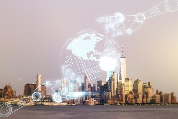 Abstract virtual robotics technology sketch with globe on Manhattan office buildings background future technology and AI concept Double exposure